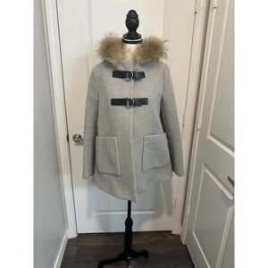 Maje Gatita Gris Wool Cashmere Coat Gray Raccoon Fur Hood Parisian Chic Sz 36/4